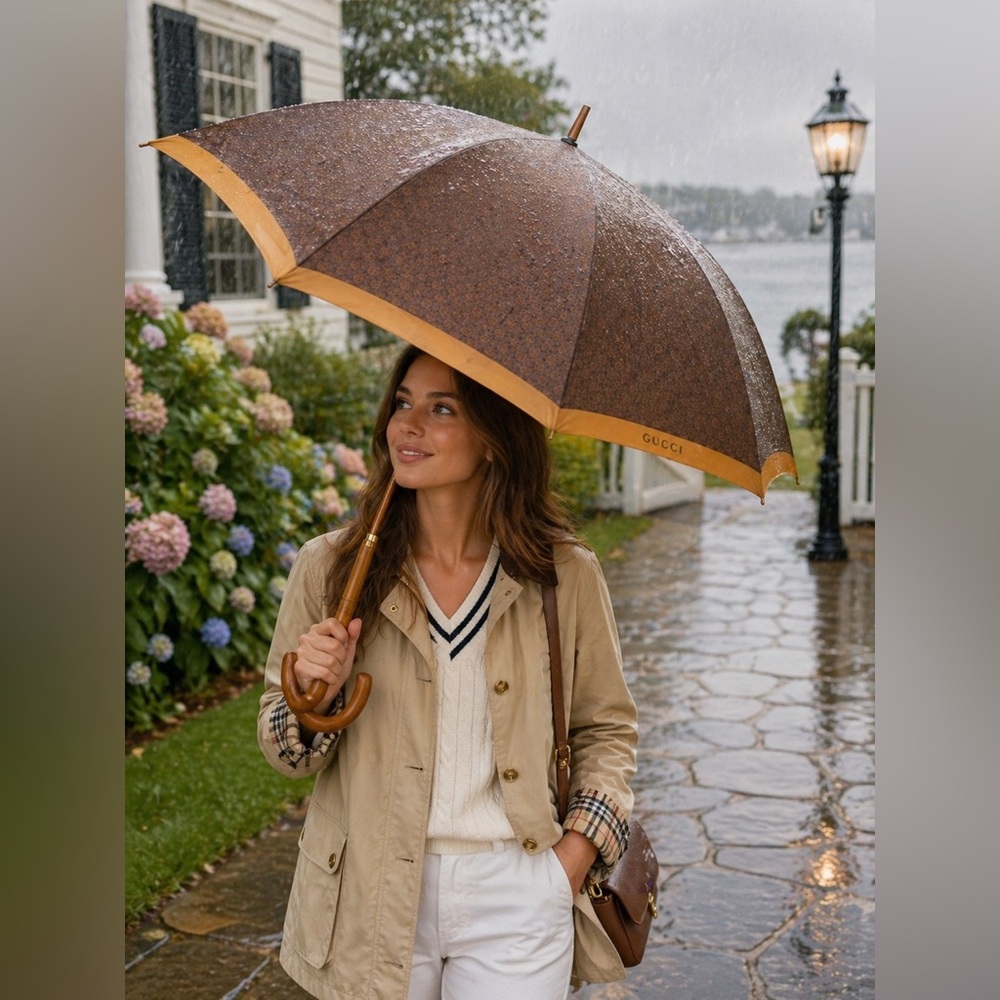 Vintage Gucci GG Monogram Umbrella Brown Tan Gold-Plated Wood Handle